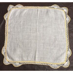 Vintage White Linen Handkerchief With Yellow & White Crocheted Lace Trim